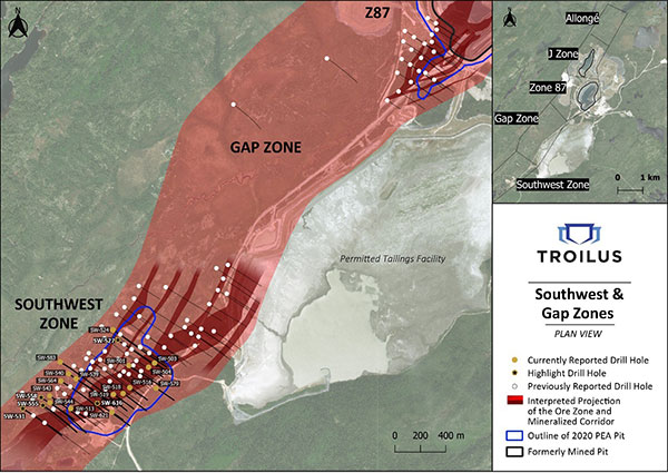 Plan View Map of the Southwest Zone Showing Current and Previously Reported Drilling 