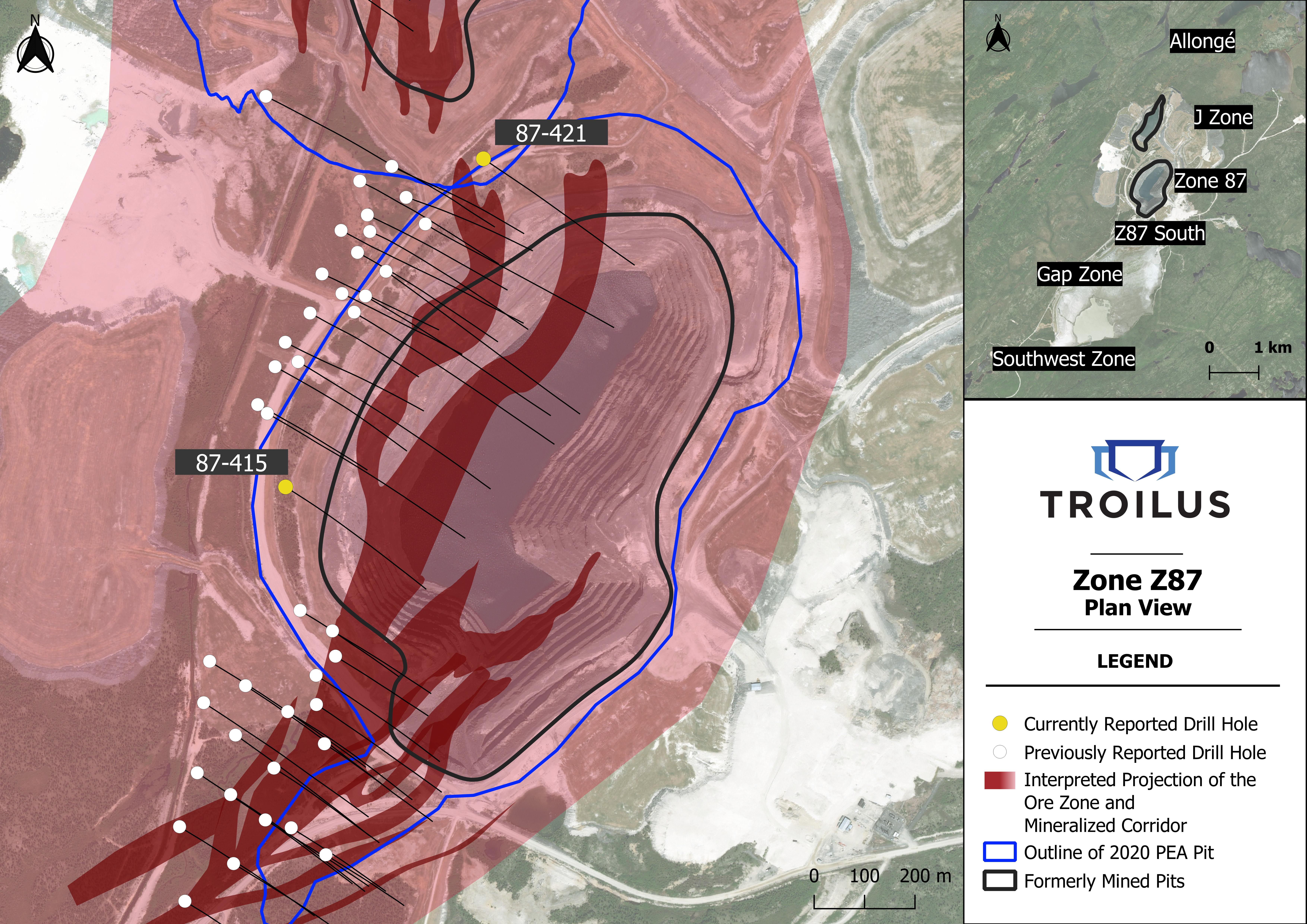 Figure 1.Plan View Map of the Zone Z87, Showing Current and Previously Reported Drill Hole Collars and Traces.
