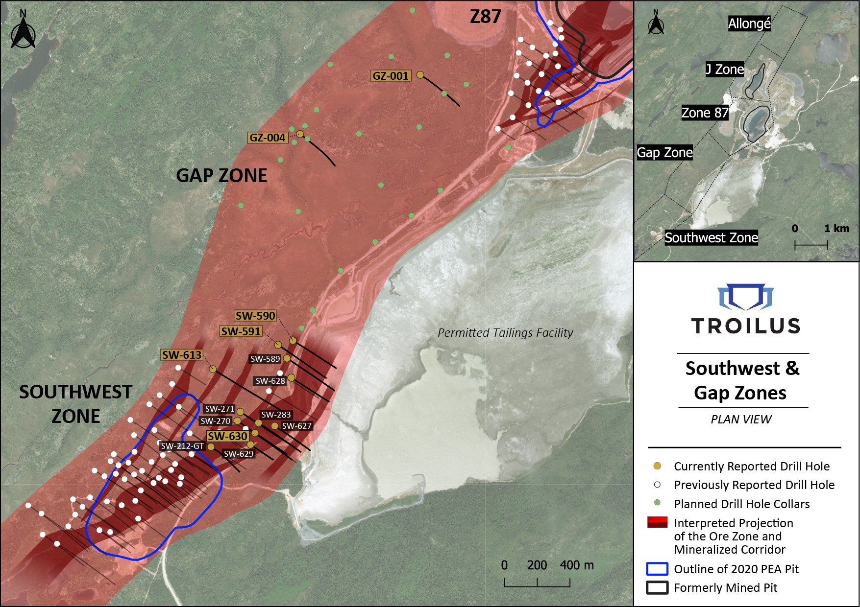 Figure 1: Plan View Map of Southwest, Gap and Z87 Zones Showing Current and Previously Reported Drilling